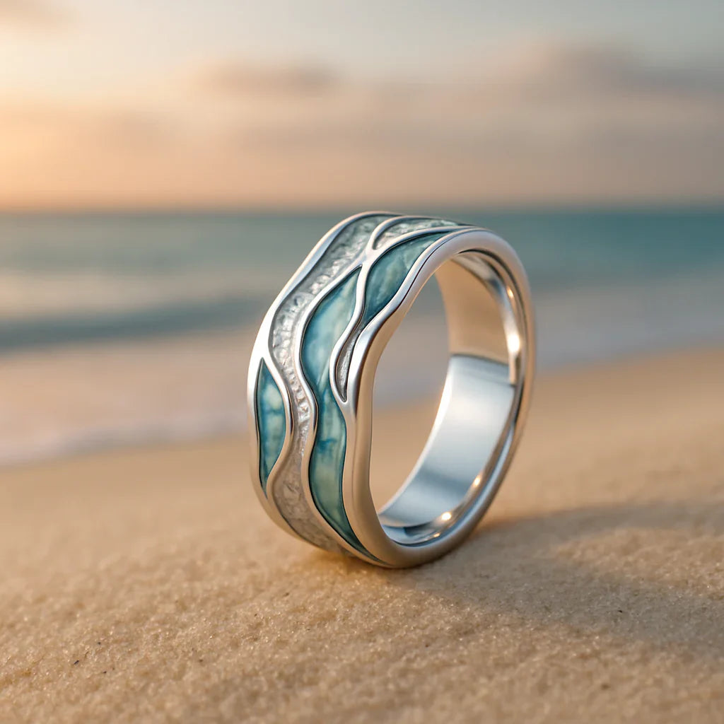 Ocean Wave Ripple Ring with Blue-Green Inlay | Alex