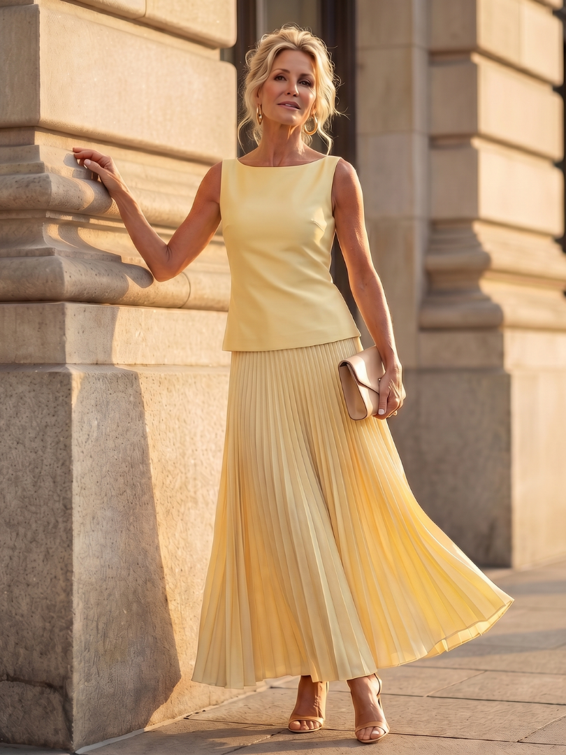 Pleated Maxi Skirt Set with Sleeveless Structured Top | Yara