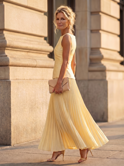 Pleated Maxi Skirt Set with Sleeveless Structured Top | Yara