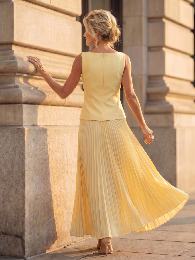 Pleated Maxi Skirt Set with Sleeveless Structured Top | Yara
