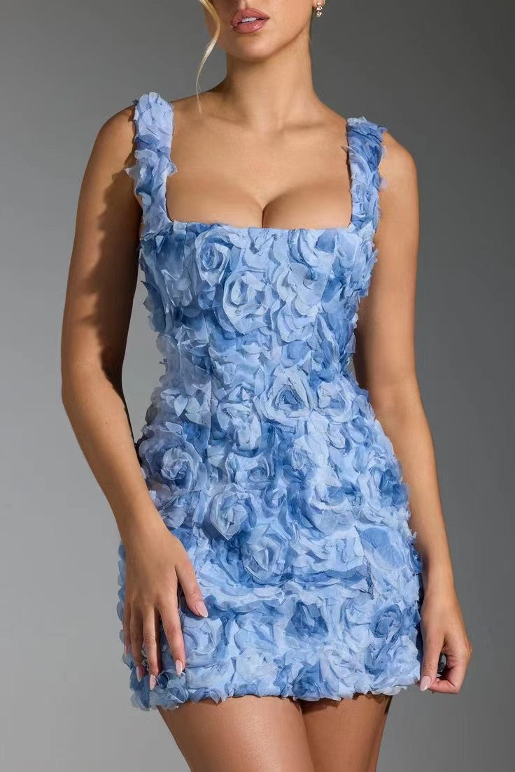 Women's 3D Floral Textured Mini Dress with Square Neck | Florence