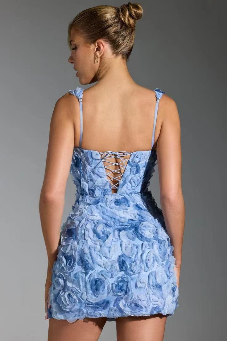 Women's 3D Floral Textured Mini Dress with Square Neck | Florence