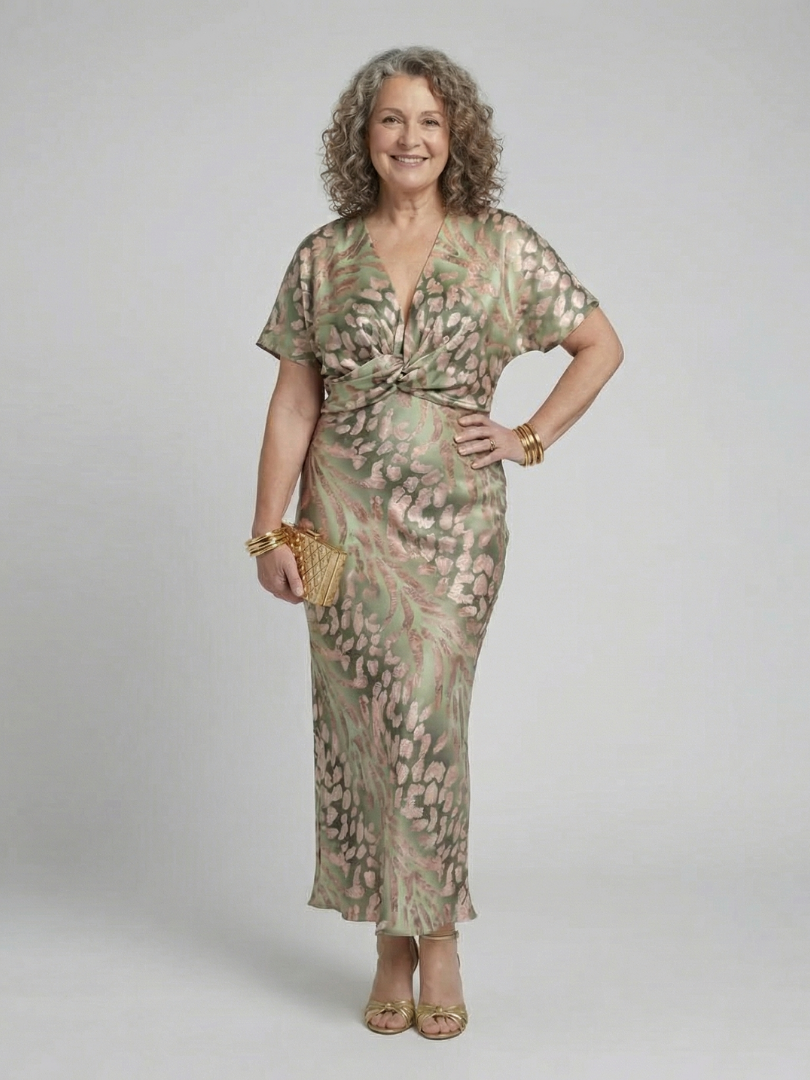 Women's Abstract Print V-Neck Twist-Waist Midi Dress | Nora