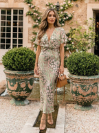 Women's Abstract Print V-Neck Twist-Waist Midi Dress | Nora