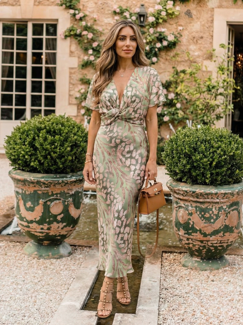 Women's Abstract Print V-Neck Twist-Waist Midi Dress | Nora