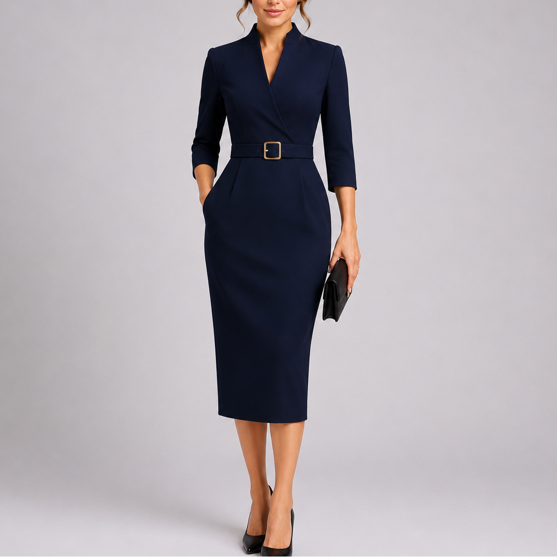 Women's Belted Bodycon Midi Dress with 3/4 Sleeves | Naomi