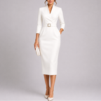 Women's Belted Bodycon Midi Dress with 3/4 Sleeves | Naomi