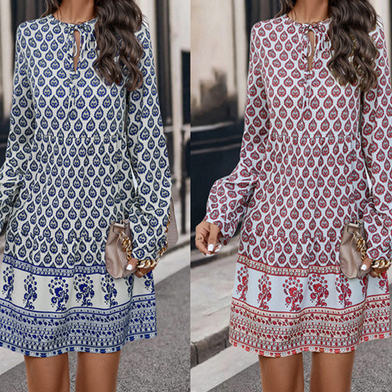 Women's Boho Paisley Print Mini Dress with Tie-Neck | Jade