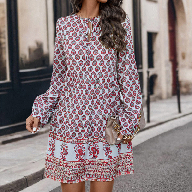 Women's Boho Paisley Print Mini Dress with Tie-Neck | Jade
