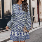 Women's Boho Paisley Print Mini Dress with Tie-Neck | Jade