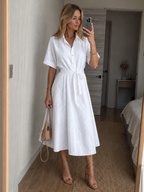 Women's Broderie Anglaise Midi Dress with Waist Tie | Pearl