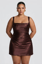Women's Brown Satin Pleated Mini Dress with Lace-Up Back | Victoria