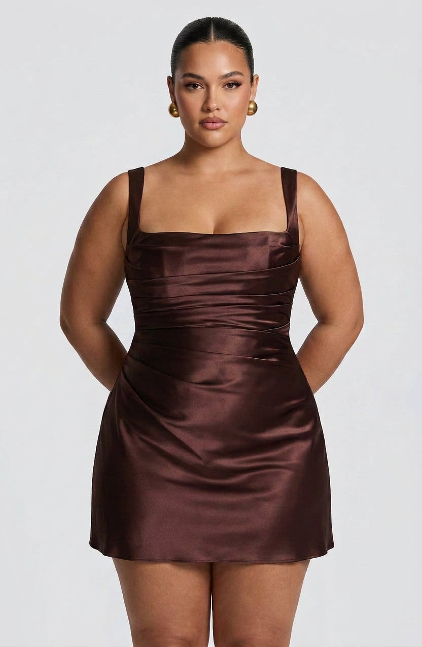 Women's Brown Satin Pleated Mini Dress with Lace-Up Back | Victoria