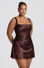 Women's Brown Satin Pleated Mini Dress with Lace-Up Back | Victoria