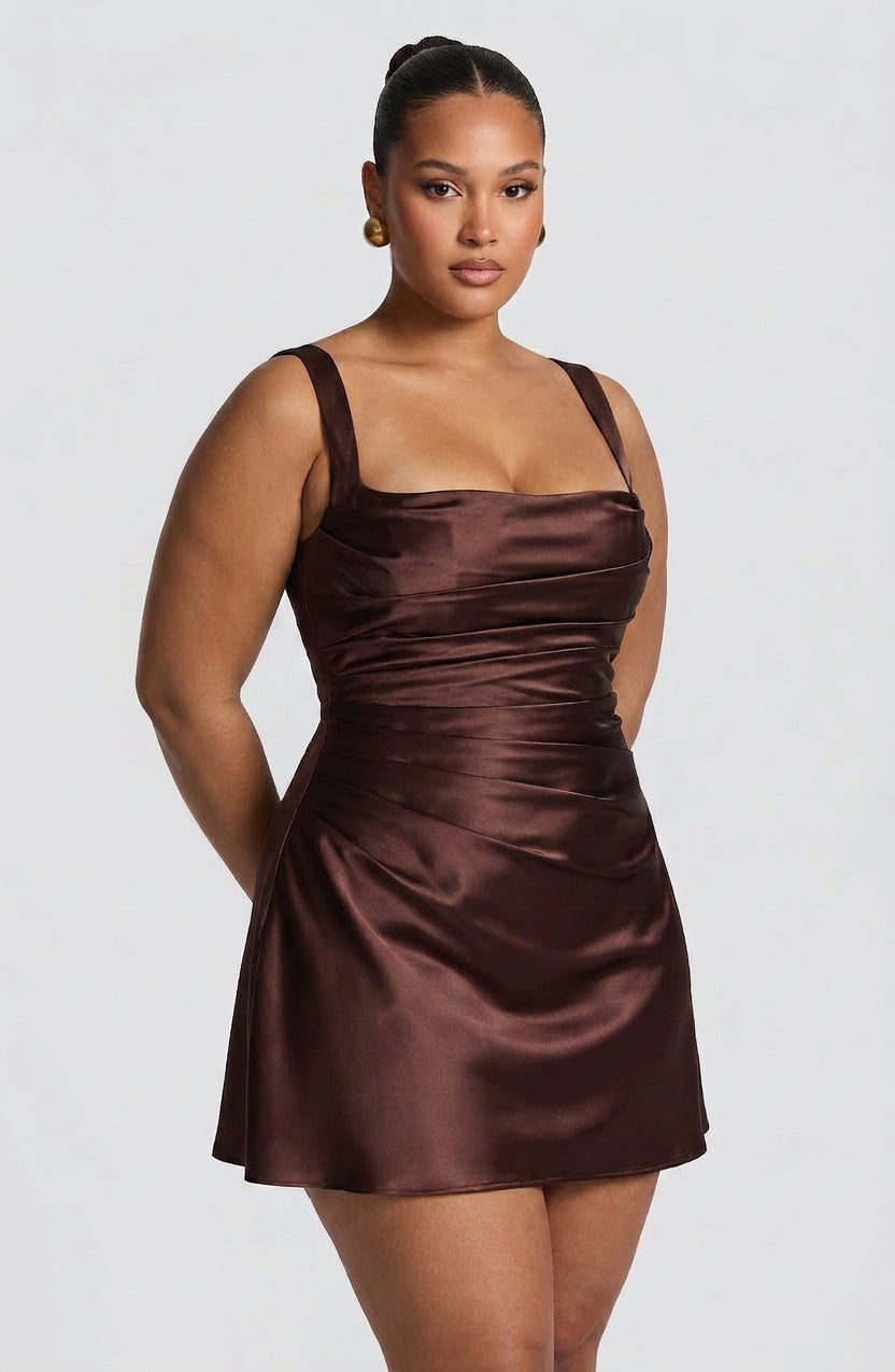 Women's Brown Satin Pleated Mini Dress with Lace-Up Back | Victoria