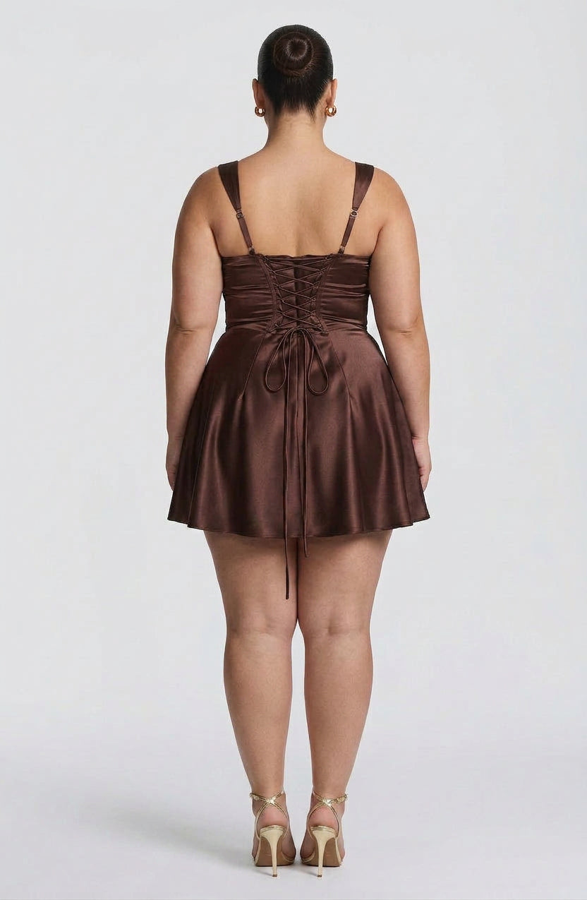 Women's Brown Satin Pleated Mini Dress with Lace-Up Back | Victoria