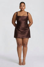 Women's Brown Satin Pleated Mini Dress with Lace-Up Back | Victoria