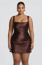 Women's Brown Satin Pleated Mini Dress with Lace-Up Back | Victoria