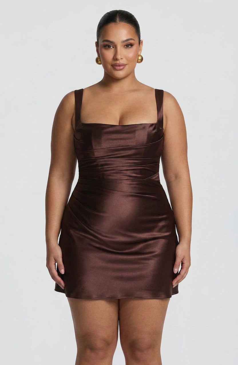 Women's Brown Satin Pleated Mini Dress with Lace-Up Back | Victoria