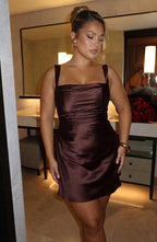 Women's Brown Satin Pleated Mini Dress with Lace-Up Back | Victoria