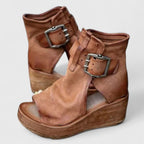 Women's Buckle Wedge Sandals - Peep Toe Cutout Booties | Sarah