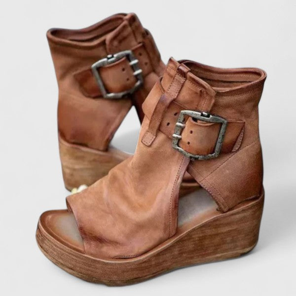 Women's Buckle Wedge Sandals - Peep Toe Cutout Booties | Sarah