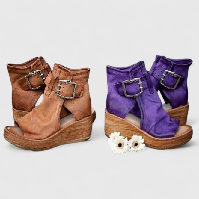 Women's Buckle Wedge Sandals - Peep Toe Cutout Booties | Sarah