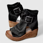 Women's Buckle Wedge Sandals - Peep Toe Cutout Booties | Sarah