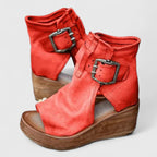Women's Buckle Wedge Sandals - Peep Toe Cutout Booties | Sarah