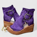 Women's Buckle Wedge Sandals - Peep Toe Cutout Booties | Sarah