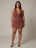 Women's Burgundy Polka Dot Halter Mini Dress | Ellie