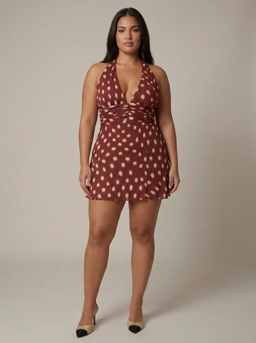 Women's Burgundy Polka Dot Halter Mini Dress | Ellie