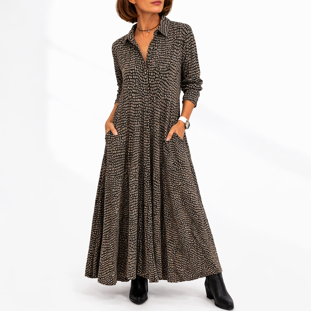 Women's Button-Front Printed Maxi Shirt Dress with Pockets | Willa