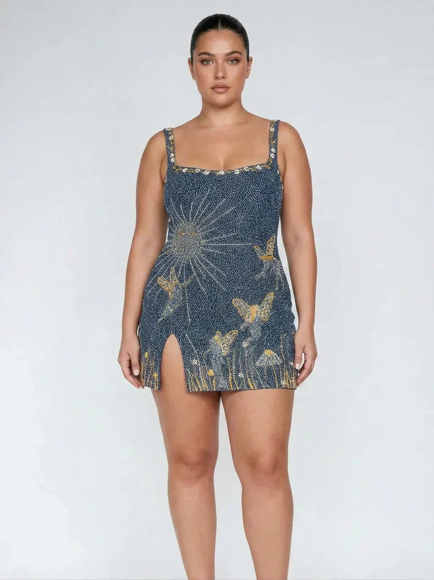 Women's Celestial Beaded Sequin Mini Dress with Side Slit | Hannah