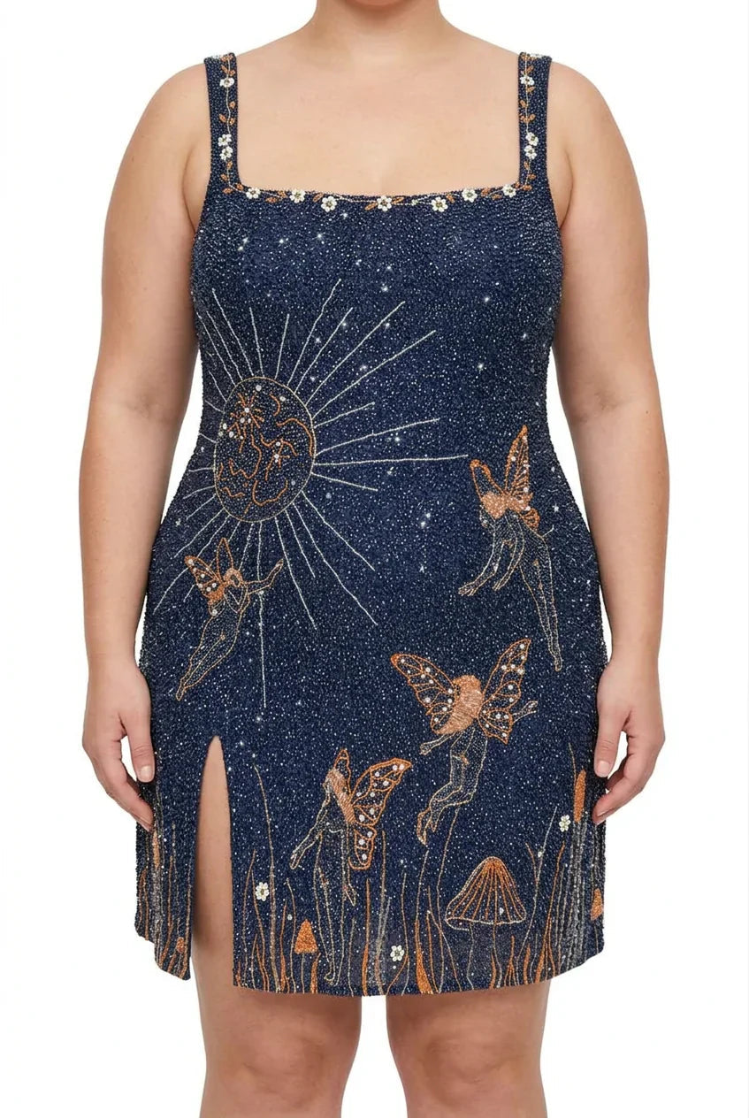 Women's Celestial Beaded Sequin Mini Dress with Side Slit | Hannah