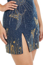 Women's Celestial Beaded Sequin Mini Dress with Side Slit | Hannah