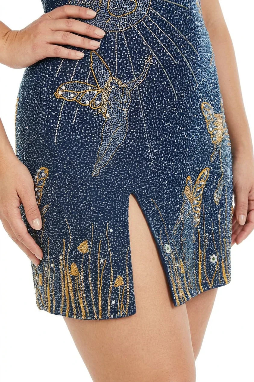 Women's Celestial Beaded Sequin Mini Dress with Side Slit | Hannah