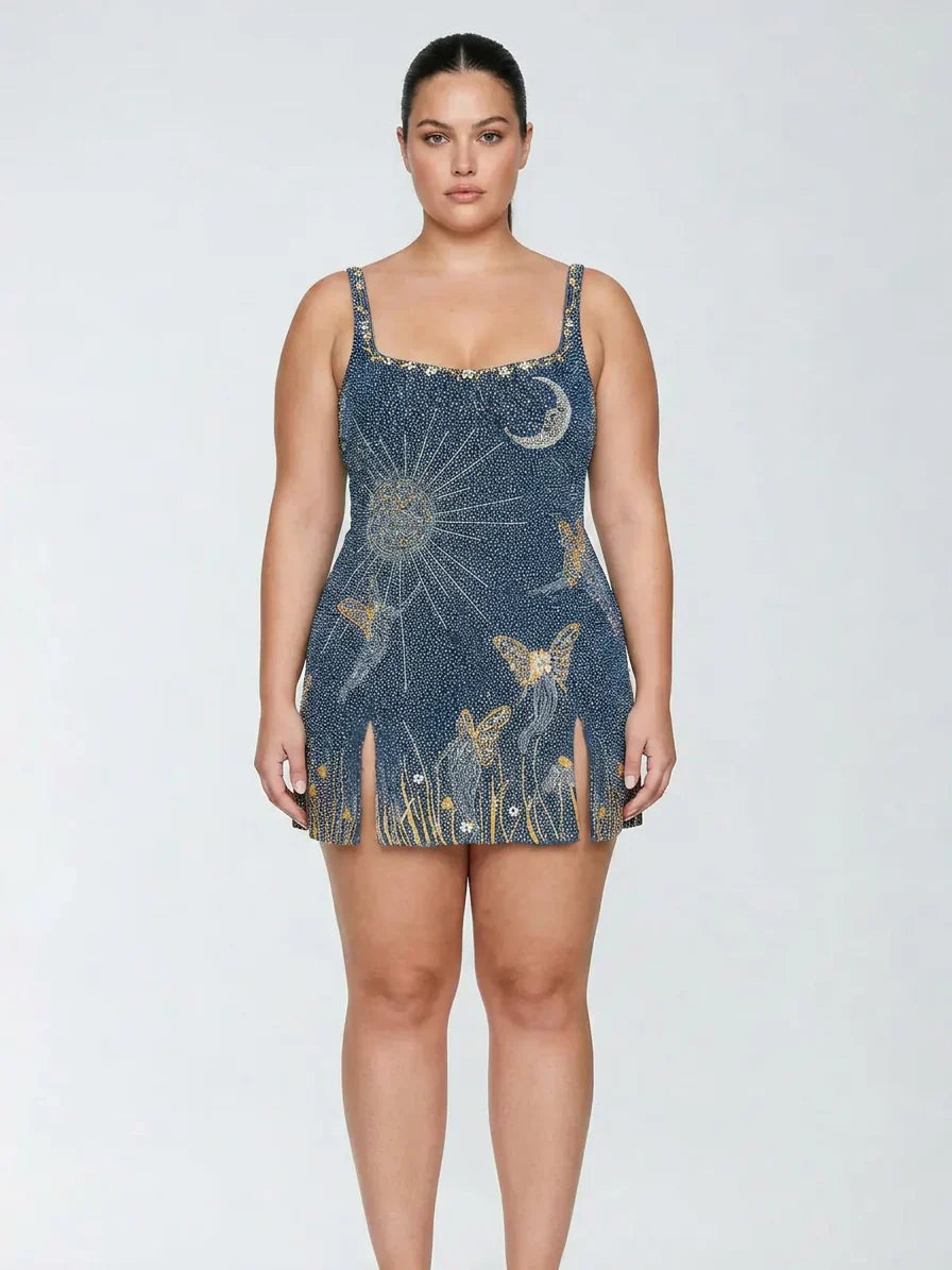 Women's Celestial Beaded Sequin Mini Dress with Side Slit | Hannah