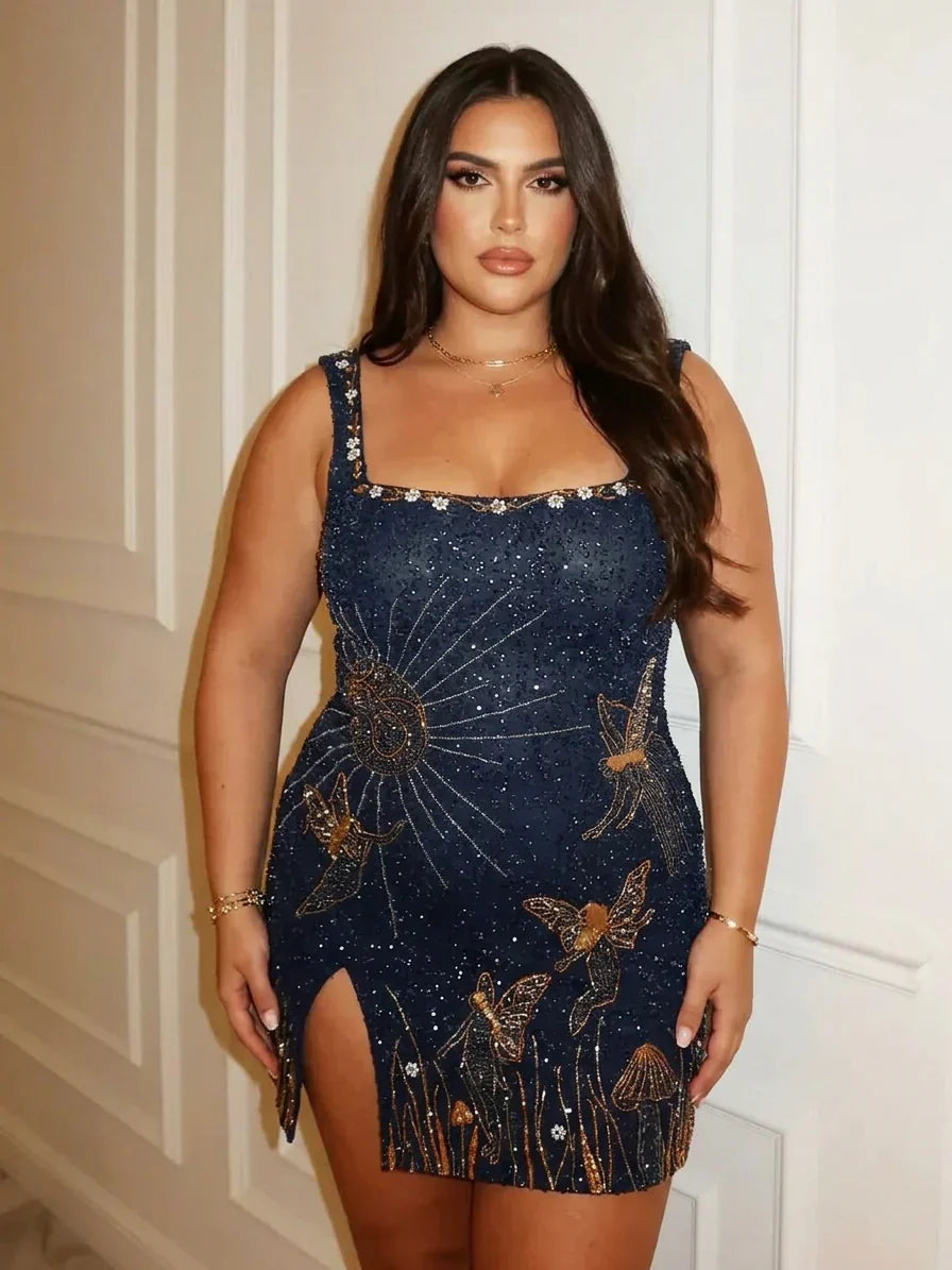 Women's Celestial Beaded Sequin Mini Dress with Side Slit | Hannah