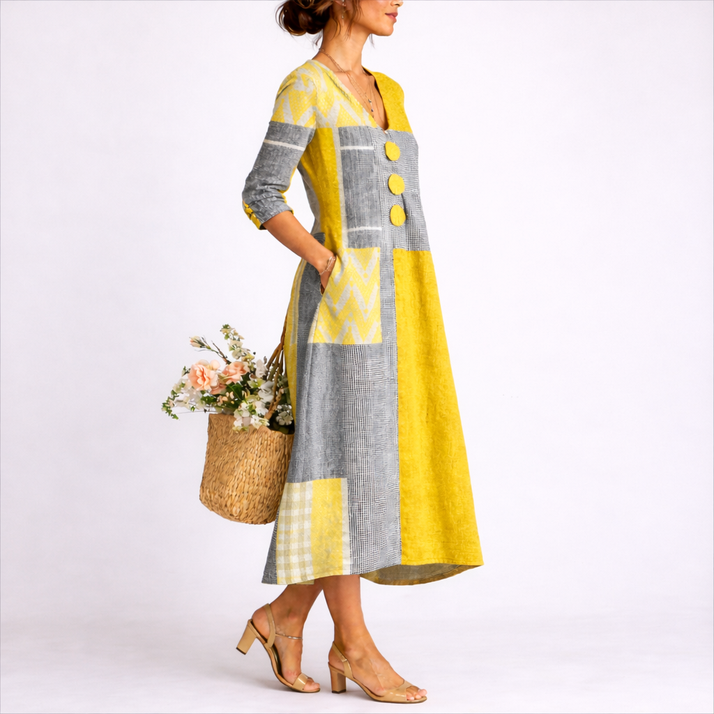 Women's Colorblock Patchwork V-Neck Midi Dress | Hope
