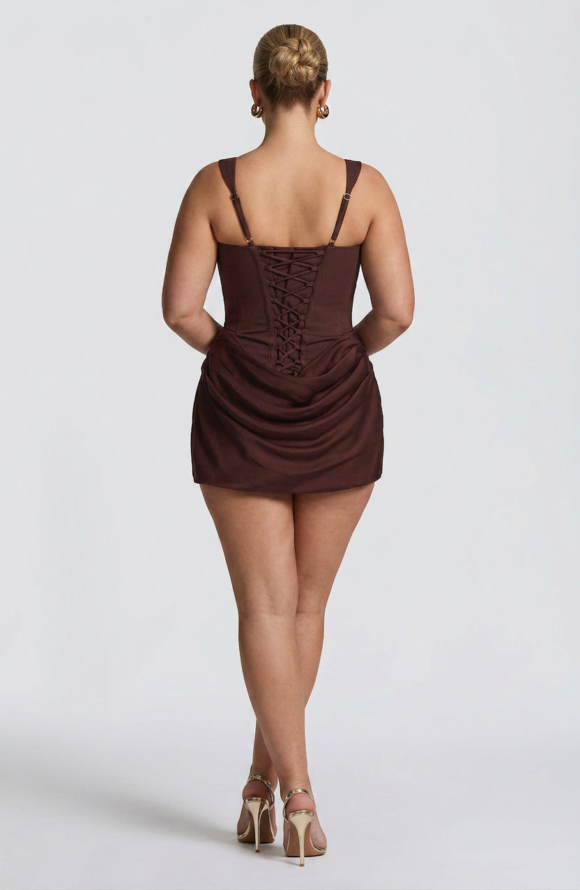 Women's Corset Mini Dress with Draped Satin Cowl Skirt | Penelope