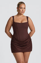 Women's Corset Mini Dress with Draped Satin Cowl Skirt | Penelope