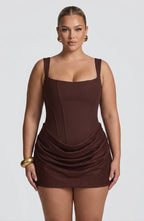 Women's Corset Mini Dress with Draped Satin Cowl Skirt | Penelope