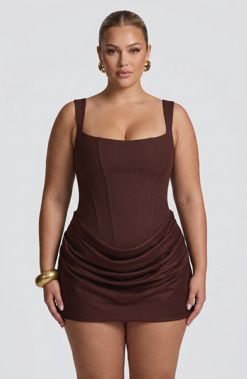 Women's Corset Mini Dress with Draped Satin Cowl Skirt | Penelope