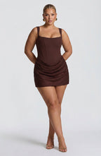 Women's Corset Mini Dress with Draped Satin Cowl Skirt | Penelope