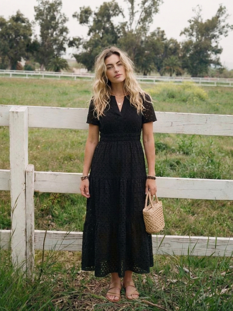 Women's Cotton Eyelet Tiered Midi Dress | Leah