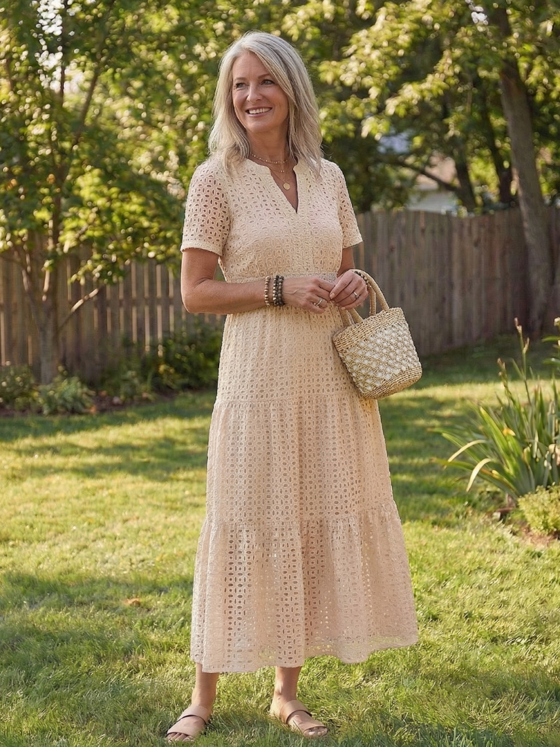 Women's Cotton Eyelet Tiered Midi Dress | Leah