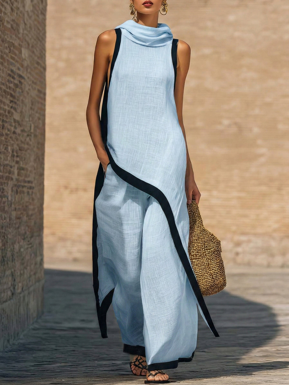 Women's Cotton-Linen Cowl Neck Top & Wide-Leg Pants Set | Stella