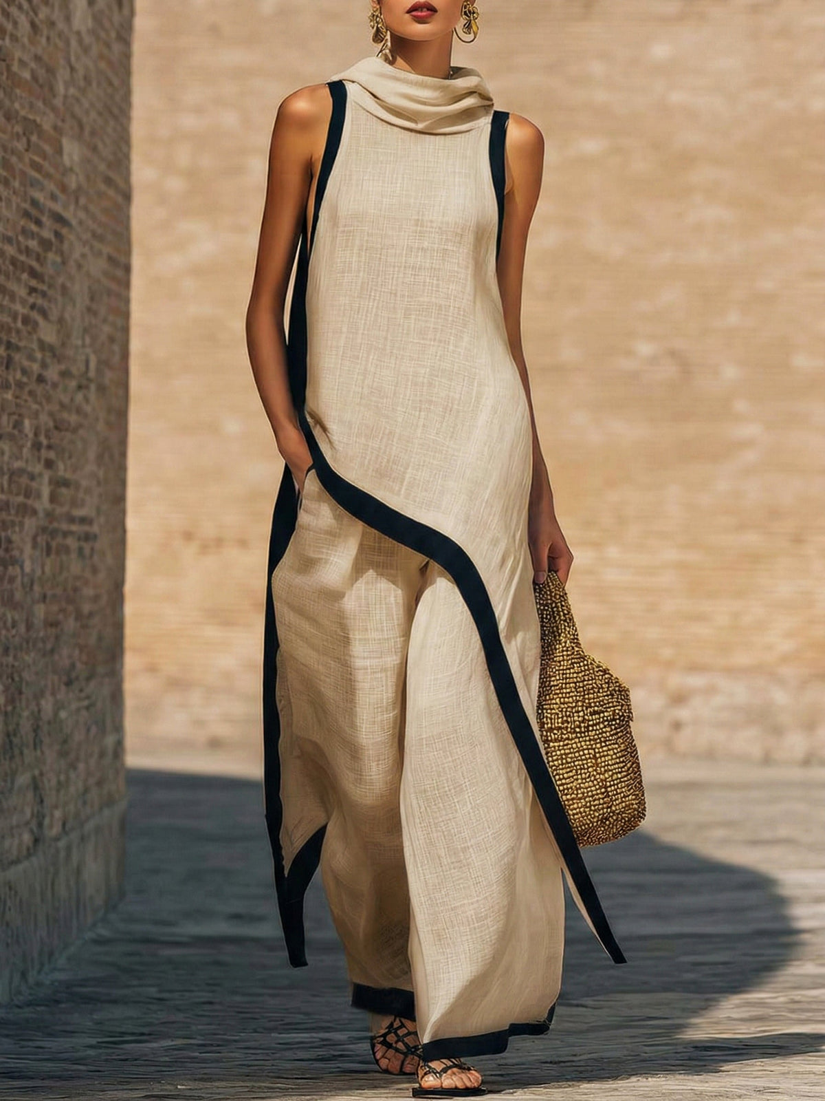 Women's Cotton-Linen Cowl Neck Top & Wide-Leg Pants Set | Stella