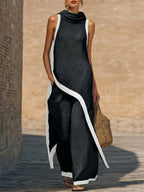 Women's Cotton-Linen Cowl Neck Top & Wide-Leg Pants Set | Stella